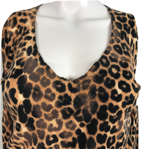 Express Sweater Womens Sz SP Petite Brown Leopard Cotton V Neck Pullover Top - Picture 6 of 9